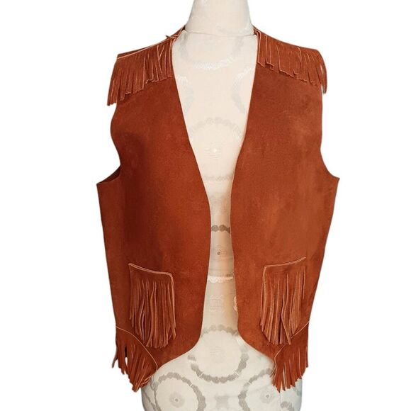 Vintage Brown Suede Leather Fringe Southwest Cowboy Boho Vest Size Large - Picture 5 of 13